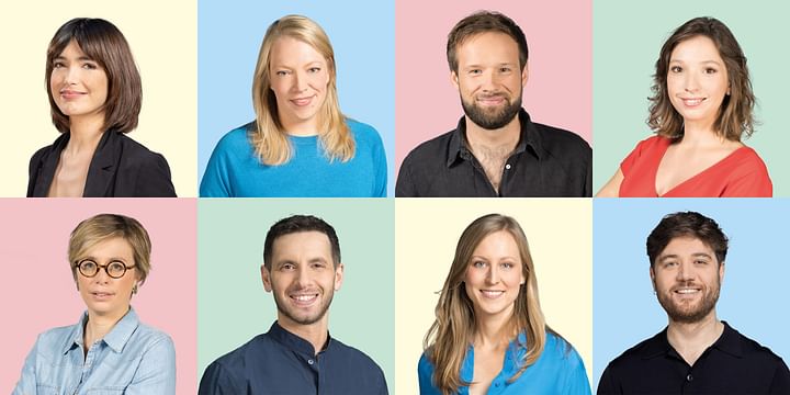  Das Moderationsteam von ARTE Europa Weekly: Minerva Burroni, Anne-Charlotte Waryn, Robert Handrack, Catherine Bennet (oben von links nach rechts), Anne-Lyse Thomine, Jad Salfiti, Anja Maiwald und Miguel Casanova (unten von links nach rechts) © ARTE/Frédéric Maigrot