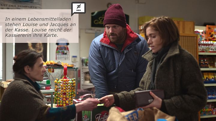  Audiodeskription: In den Dialogpausen eines Films erklärt eine Sprecherin oder ein Sprecher knapp, was im Bild zu sehen ist. Bild: <em>Wohin mit Jacques?</em> © Samuel Lahu